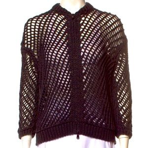 Brunello Cucinelli black open knit zip cardigan